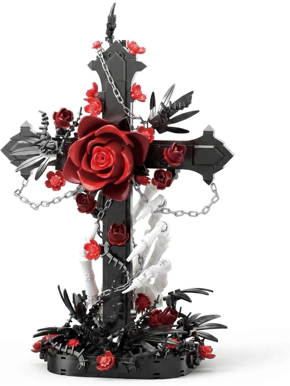 Gothic Black Cross with Red Roses Decorative Accent